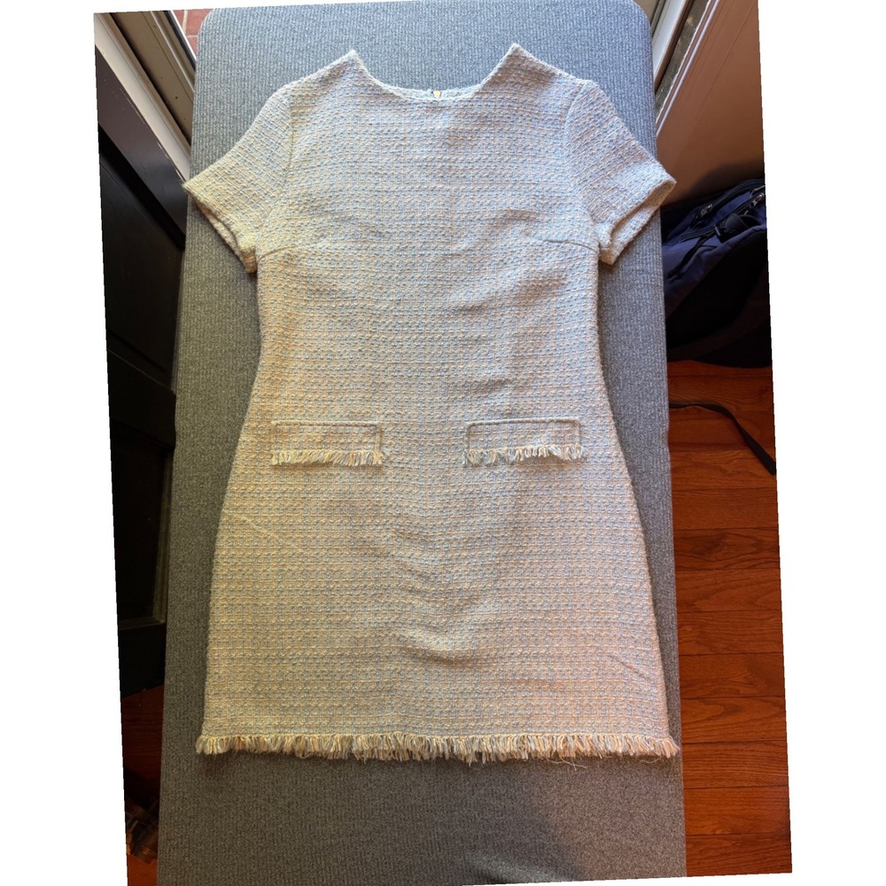 Bebop Womens Blue Cream Tweed Frayed Hem Short Sleeve Shift Dress Large